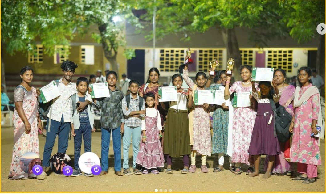 Seven CEDAR students and their teachers holding medals, trophies and certificates at the 3rd Tamil Nadu State-Level Children's Chess Tournament